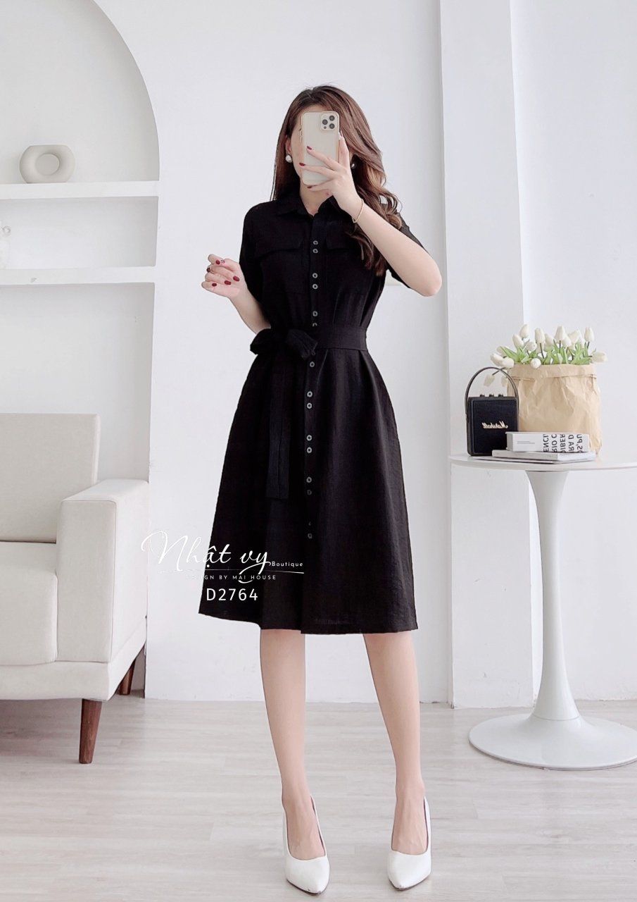 Đầm sơ mi túi ngực dáng suông - D2764