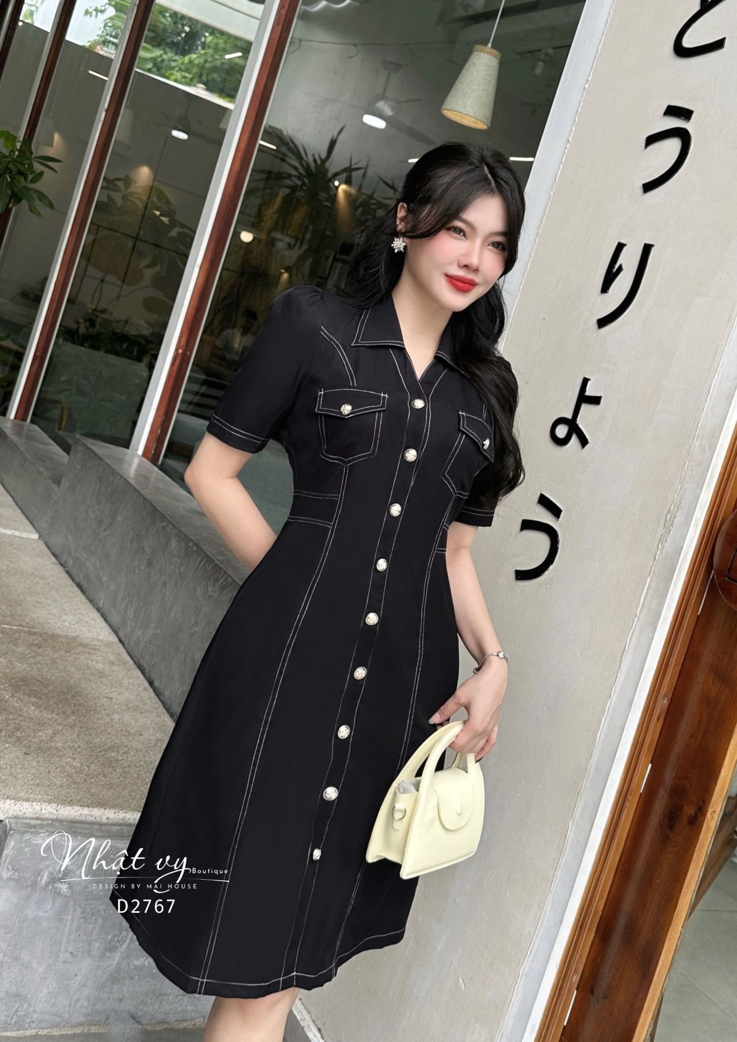 Đầm sơ mi viền chỉ có túi - D2767