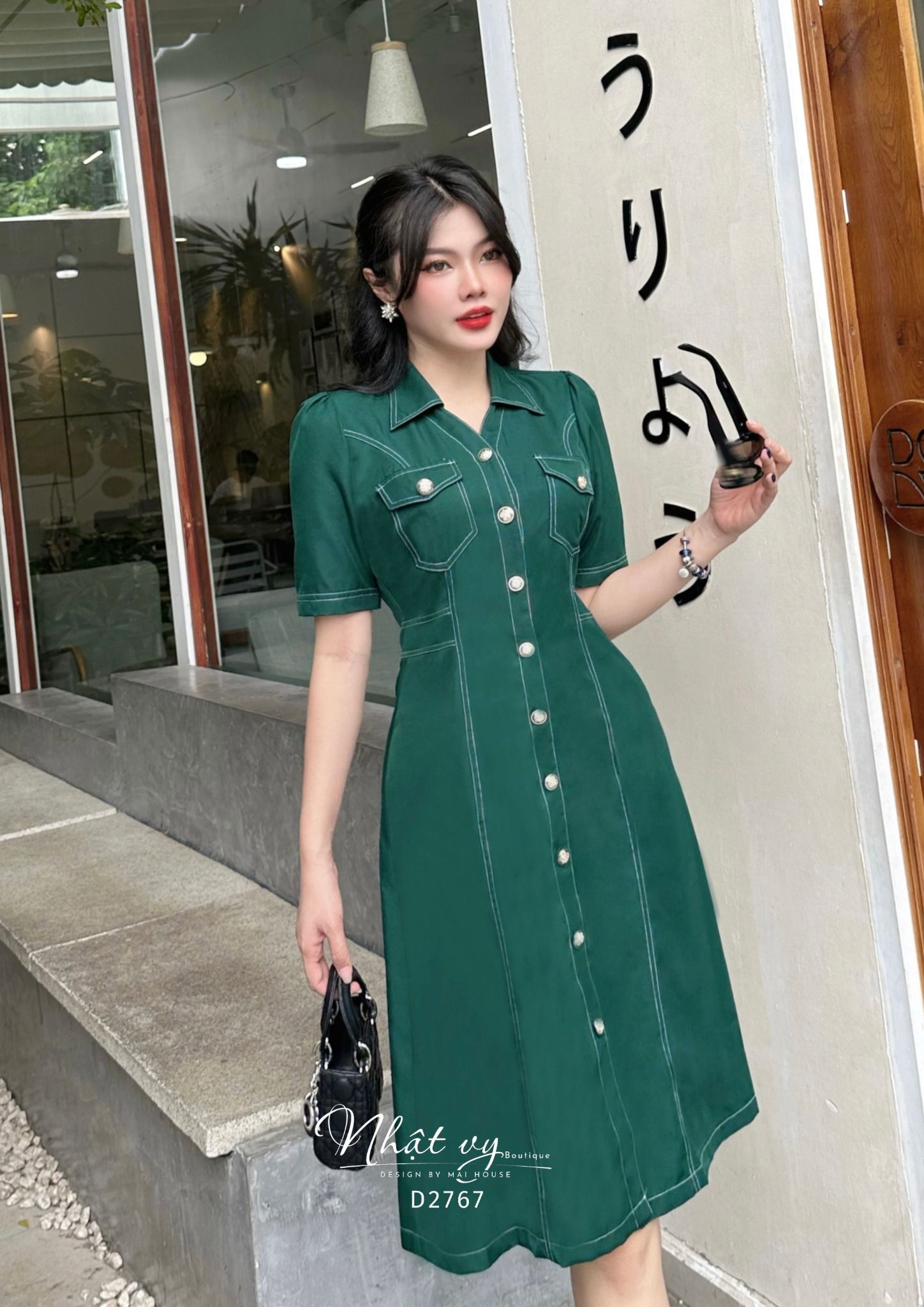 Đầm sơ mi viền chỉ có túi - D2767