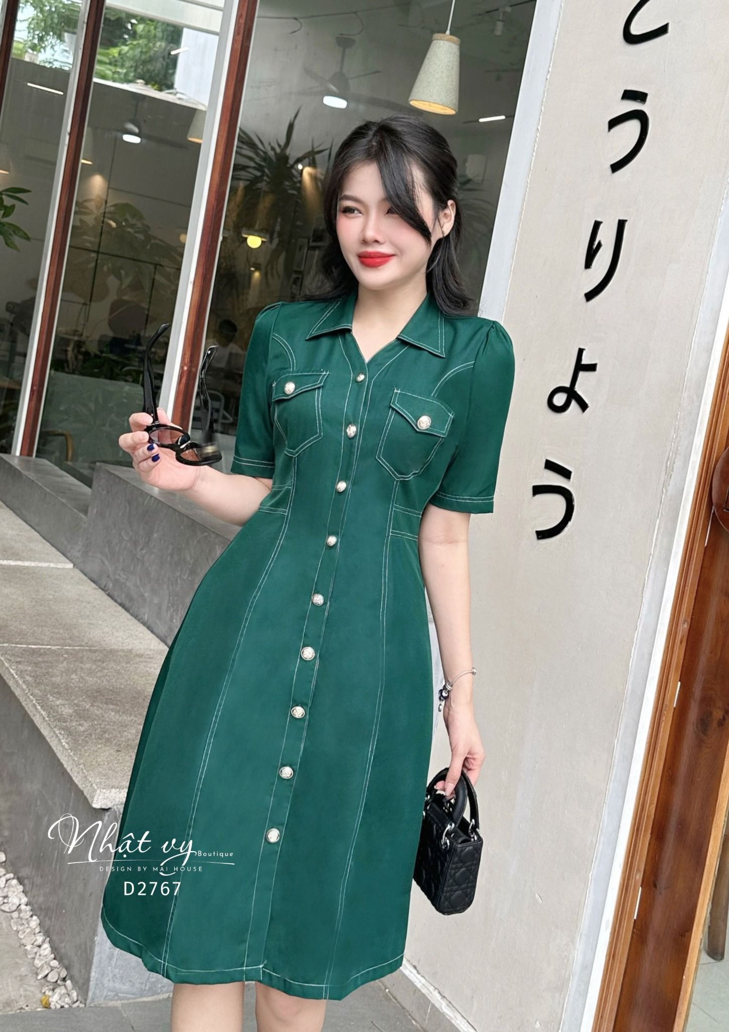 Đầm sơ mi viền chỉ có túi - D2767