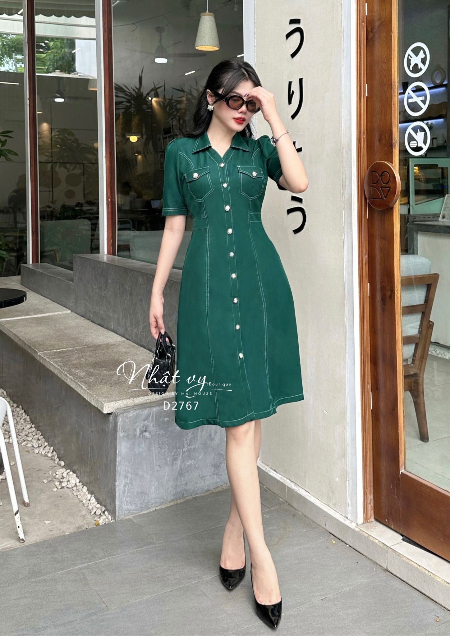 Đầm sơ mi viền chỉ có túi - D2767