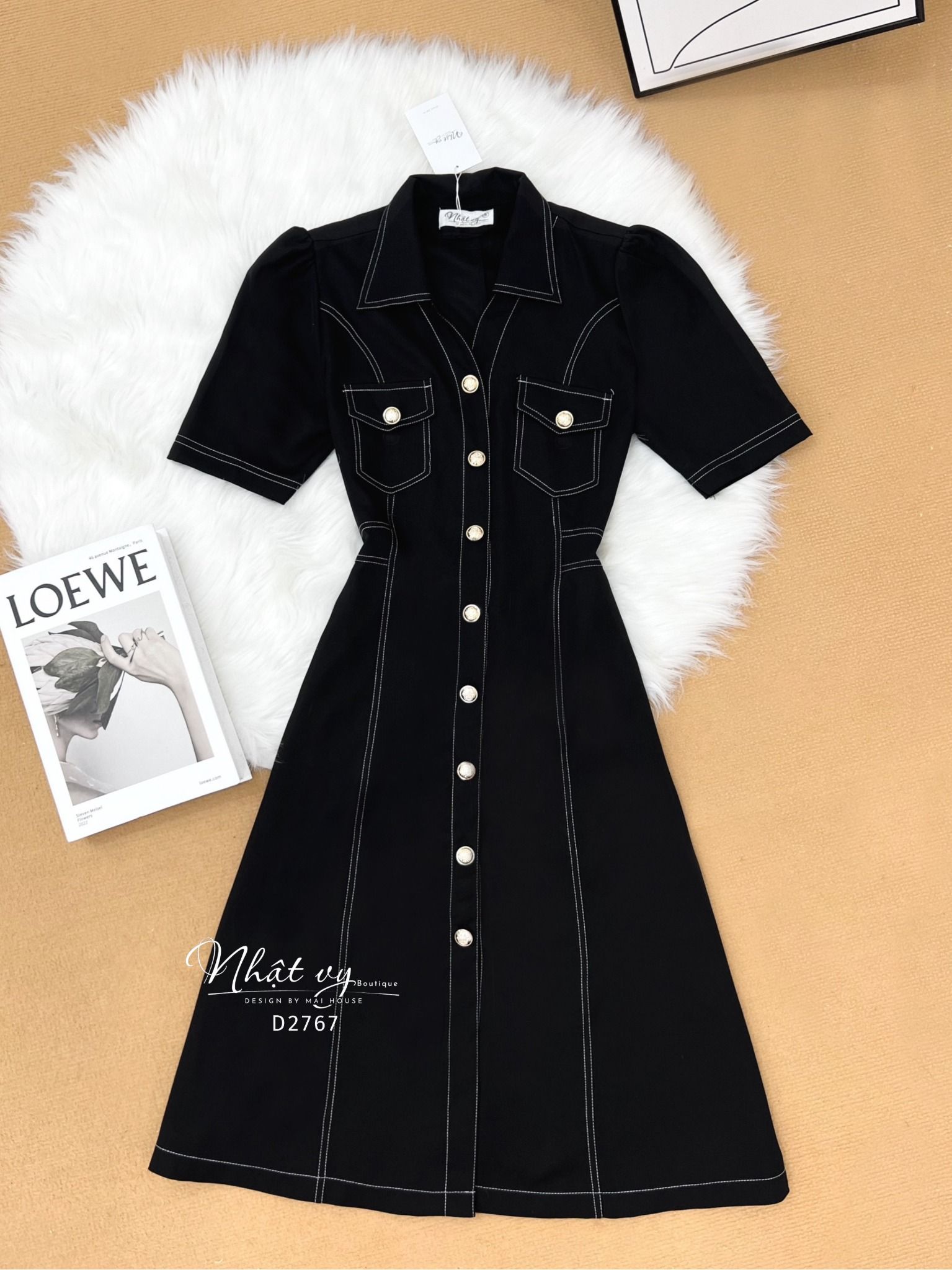 Đầm sơ mi viền chỉ có túi - D2767