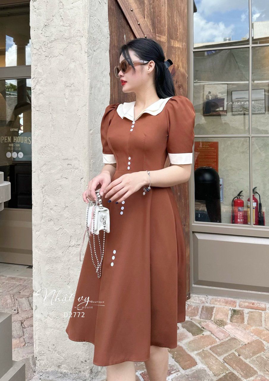 Đầm dáng xoè cổ V phối bèo trắng đính cúc giả - D2772