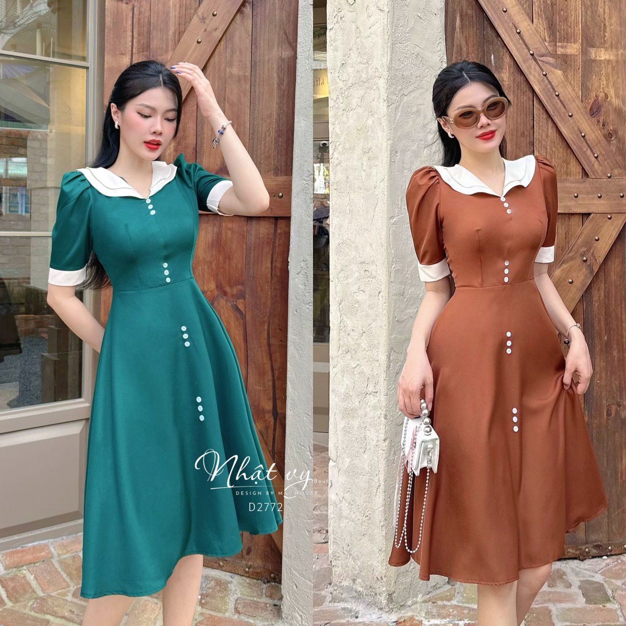 Đầm dáng xoè cổ V phối bèo trắng đính cúc giả - D2772