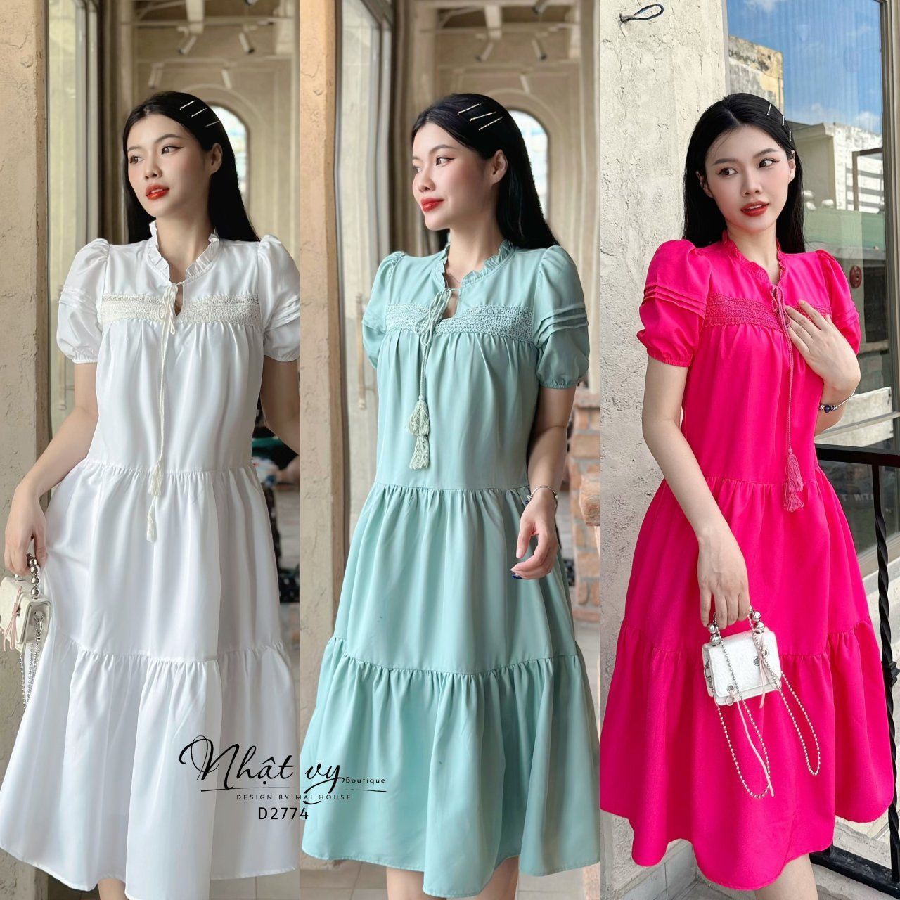 Đầm suông cổ tròn viền bèo phối ren ngực - D2774