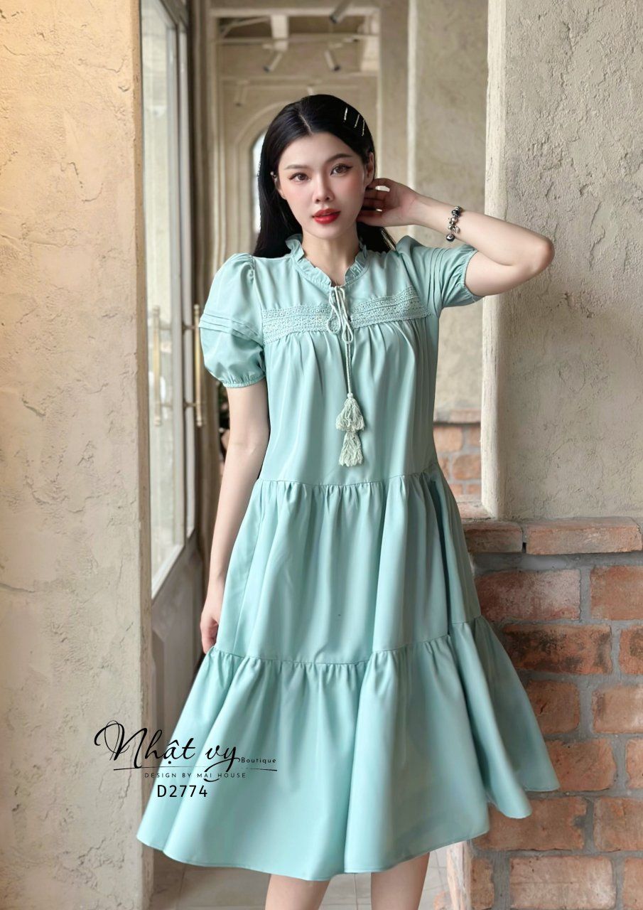 Đầm suông cổ tròn viền bèo phối ren ngực - D2774