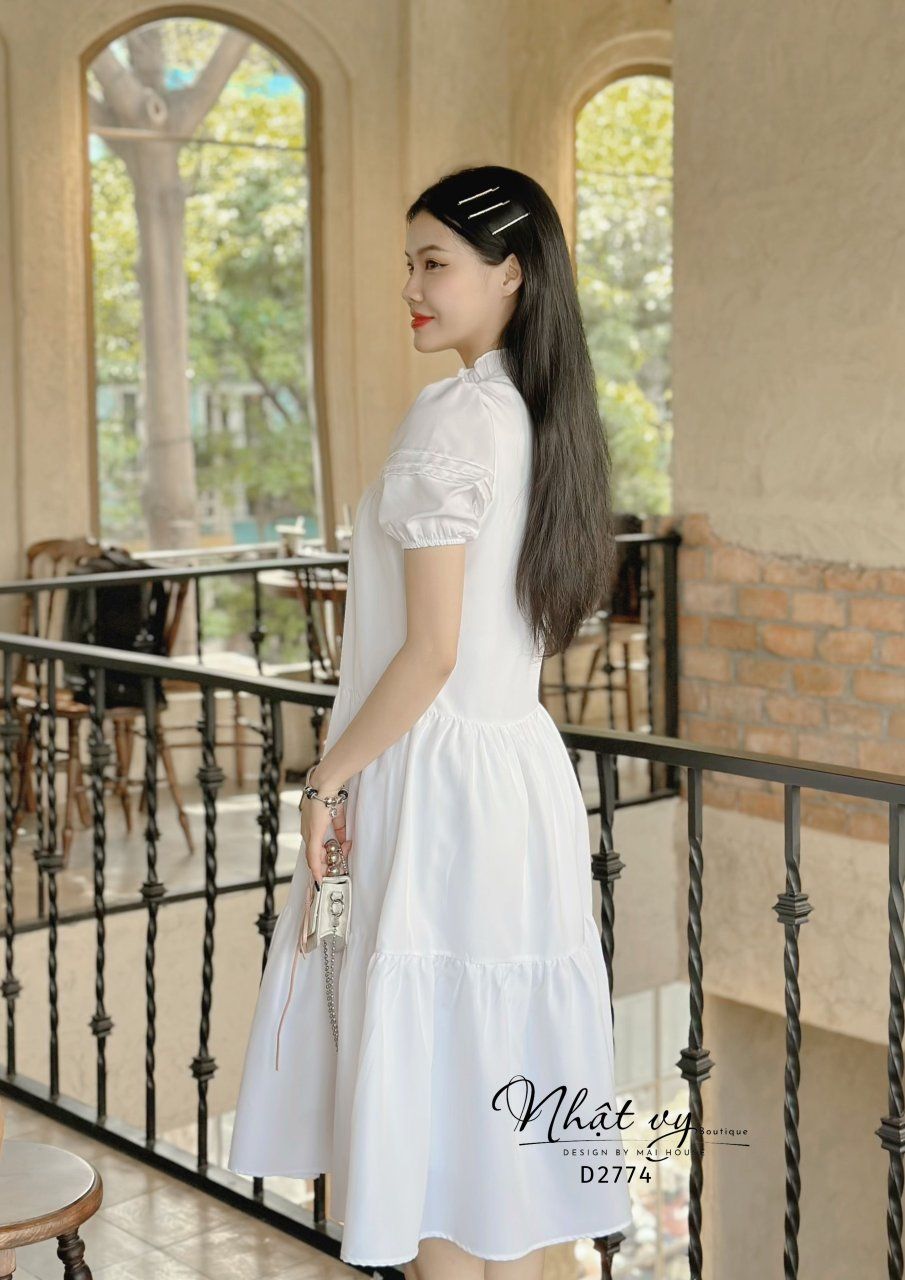 Đầm suông cổ tròn viền bèo phối ren ngực - D2774