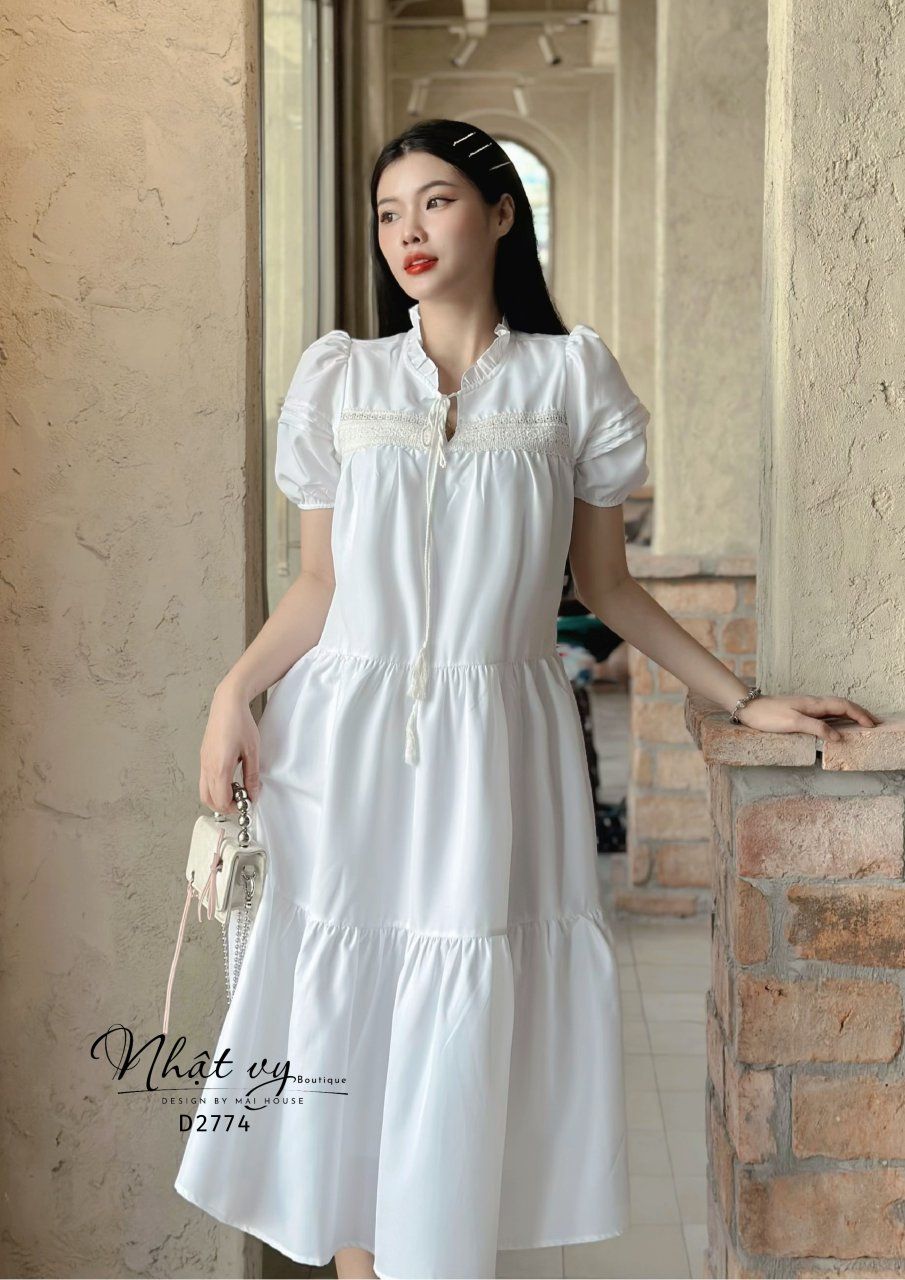 Đầm suông cổ tròn viền bèo phối ren ngực - D2774