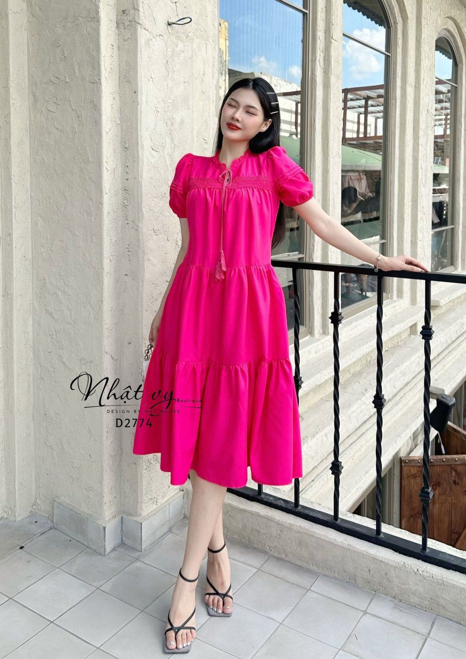 Đầm suông cổ tròn viền bèo phối ren ngực - D2774