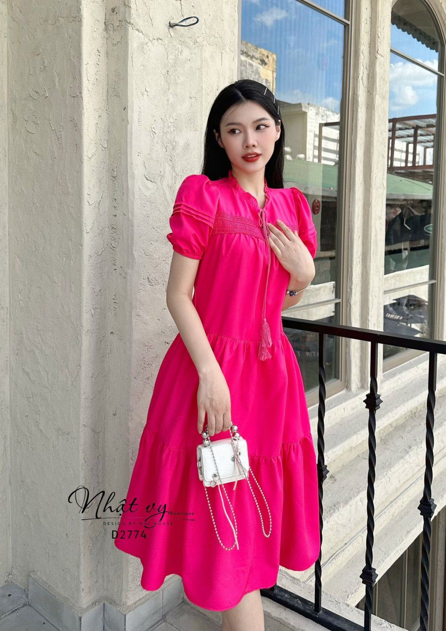 Đầm suông cổ tròn viền bèo phối ren ngực - D2774