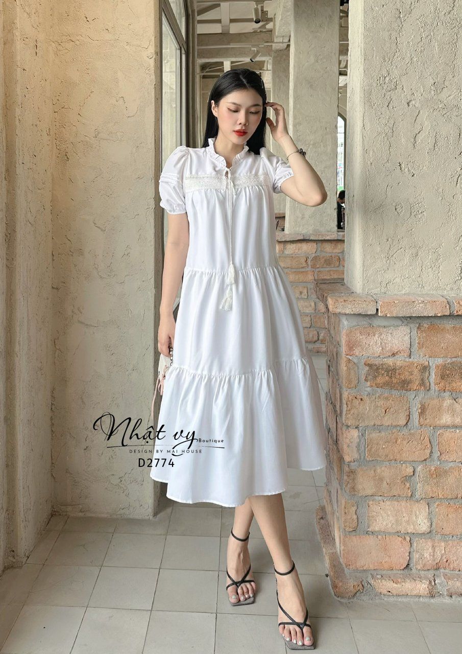 Đầm suông cổ tròn viền bèo phối ren ngực - D2774