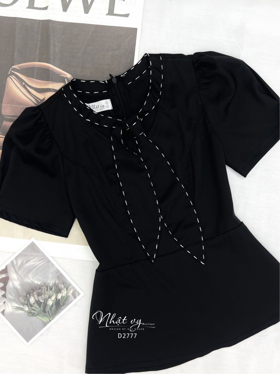  Áo peplum thắt nơ viền chỉ nổi - D2777 