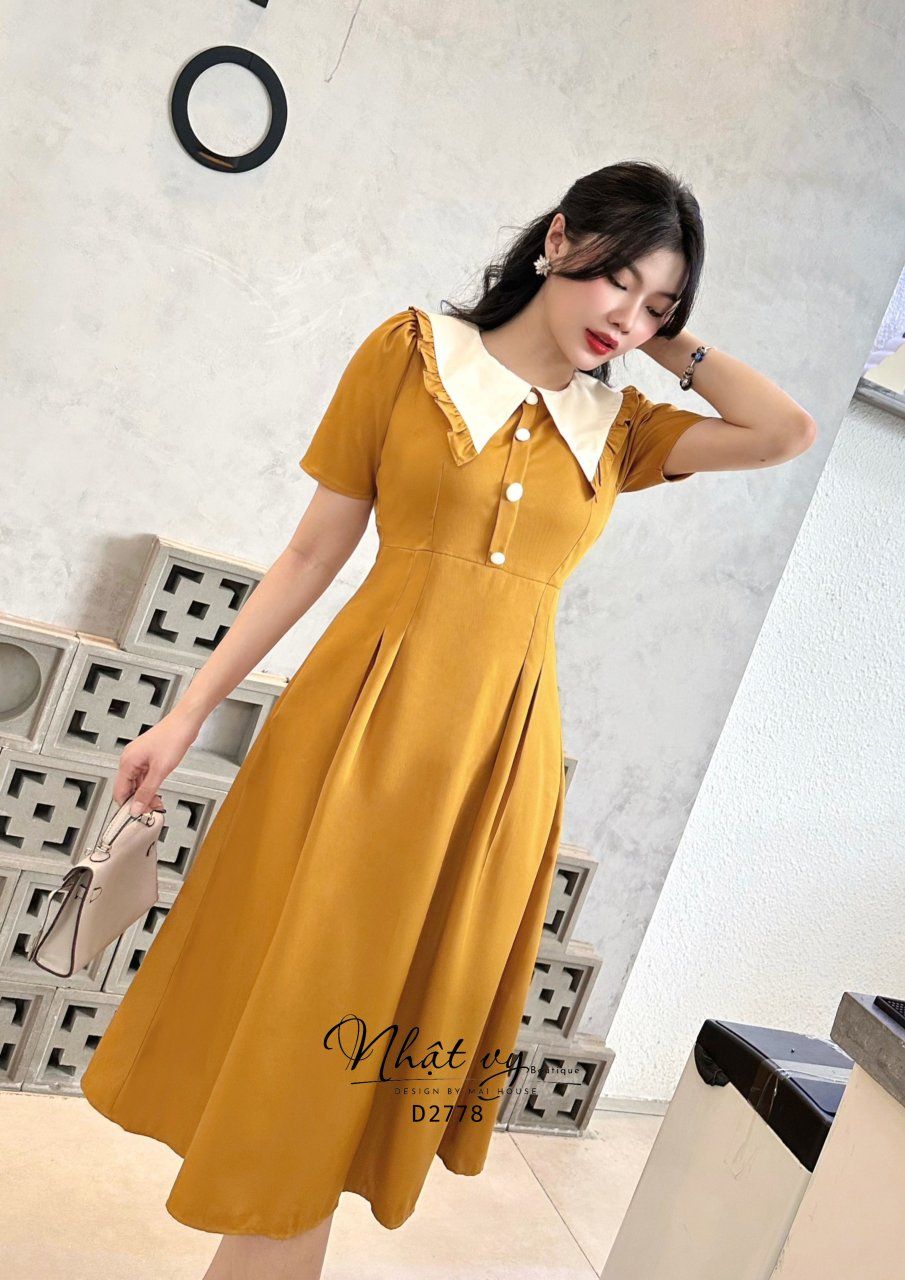 Đầm cổ tròn phối bèo dáng ôm đính cúc giả - D2778