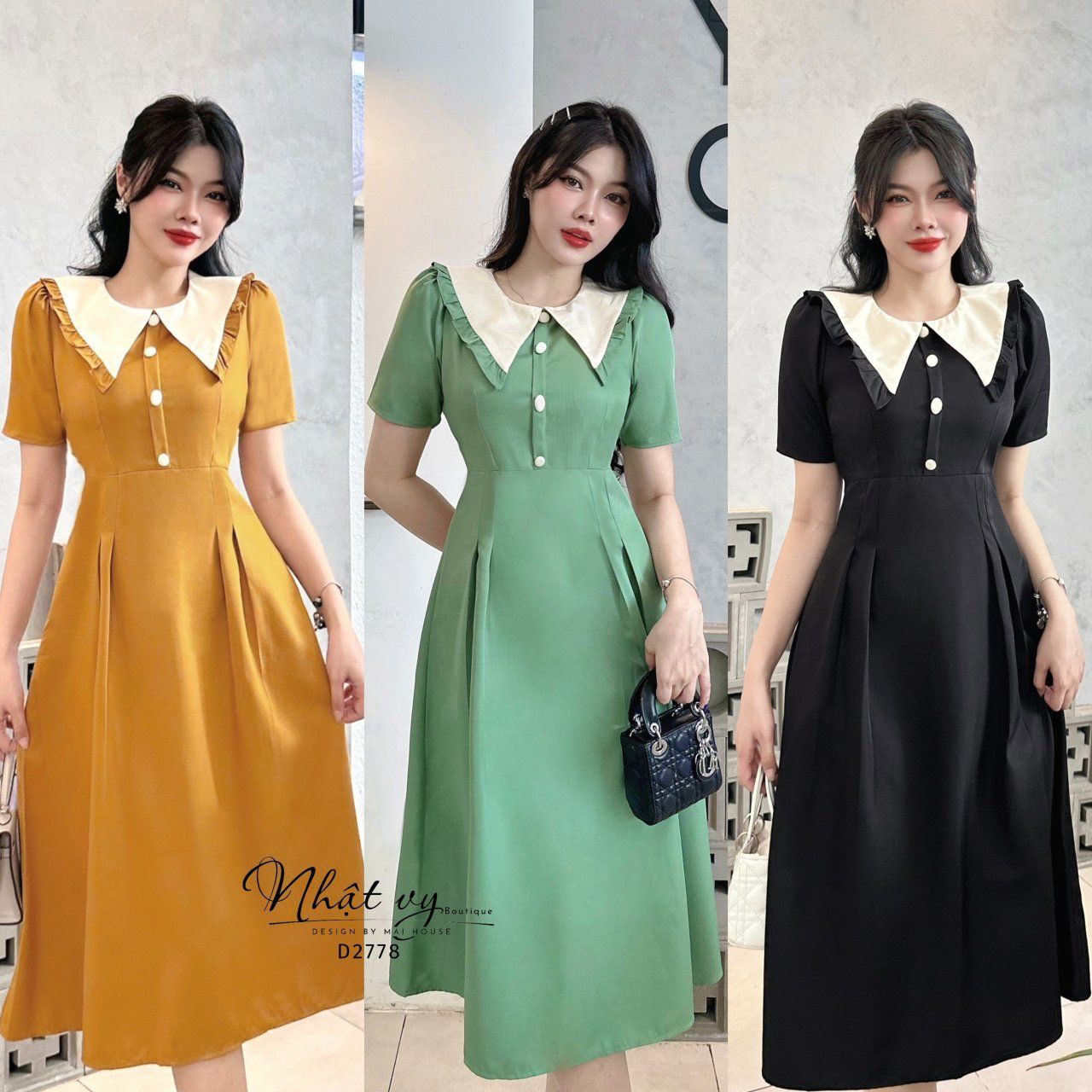 Đầm cổ tròn phối bèo dáng ôm đính cúc giả - D2778