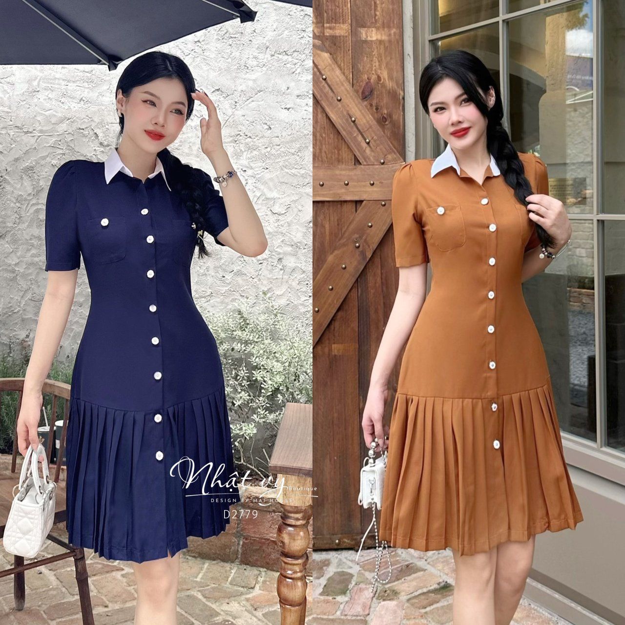 Đầm sơ mi có túi phối dập ly - D2779