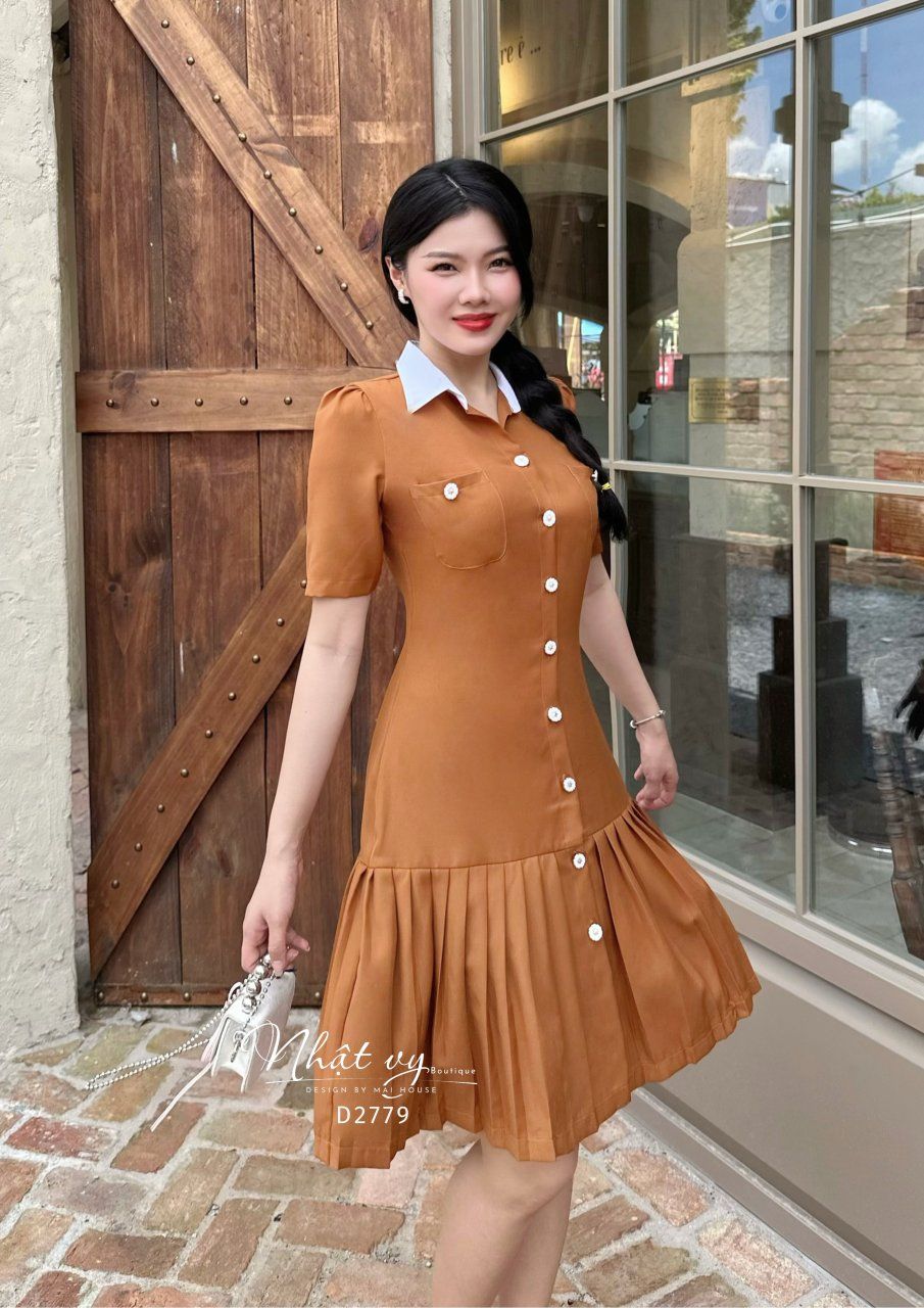 Đầm sơ mi có túi phối dập ly - D2779