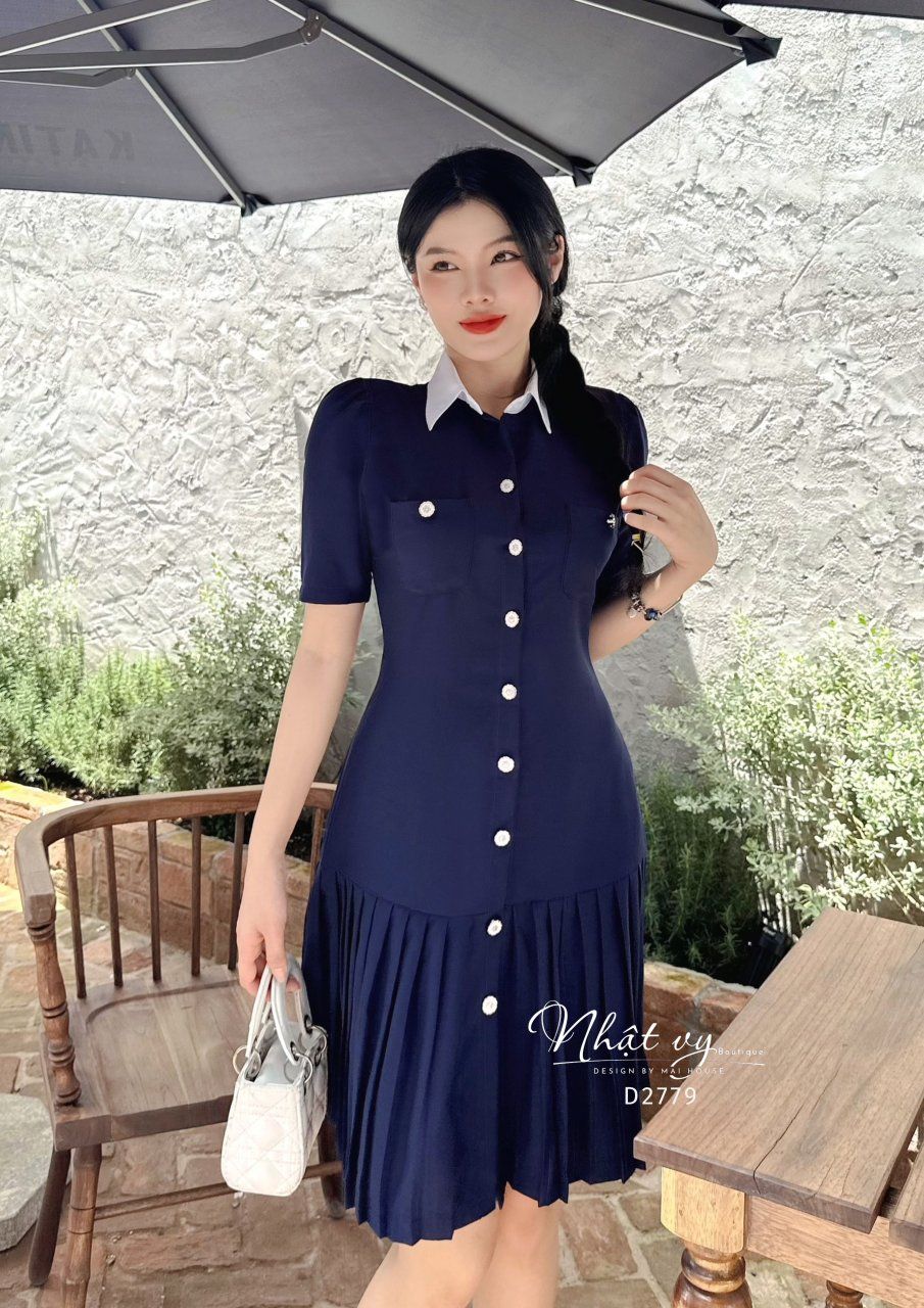 Đầm sơ mi có túi phối dập ly - D2779