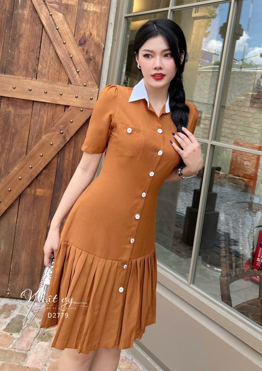Đầm sơ mi có túi phối dập ly - D2779