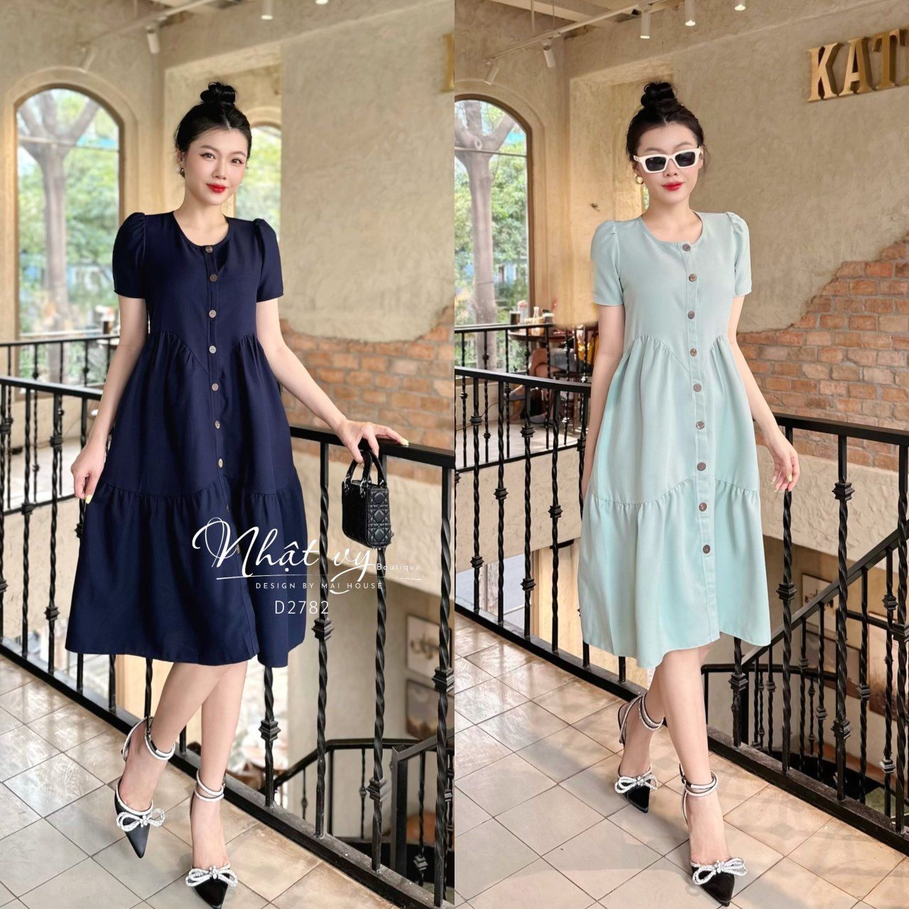Đầm babydoll nhún cách điệu phối cúc giả - D2782