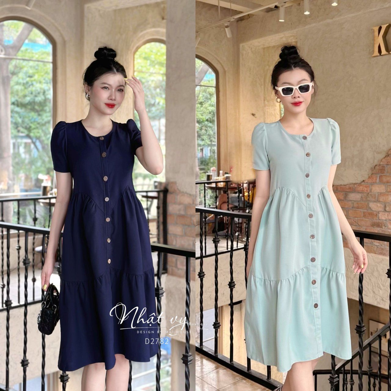 Đầm babydoll nhún cách điệu phối cúc giả - D2782