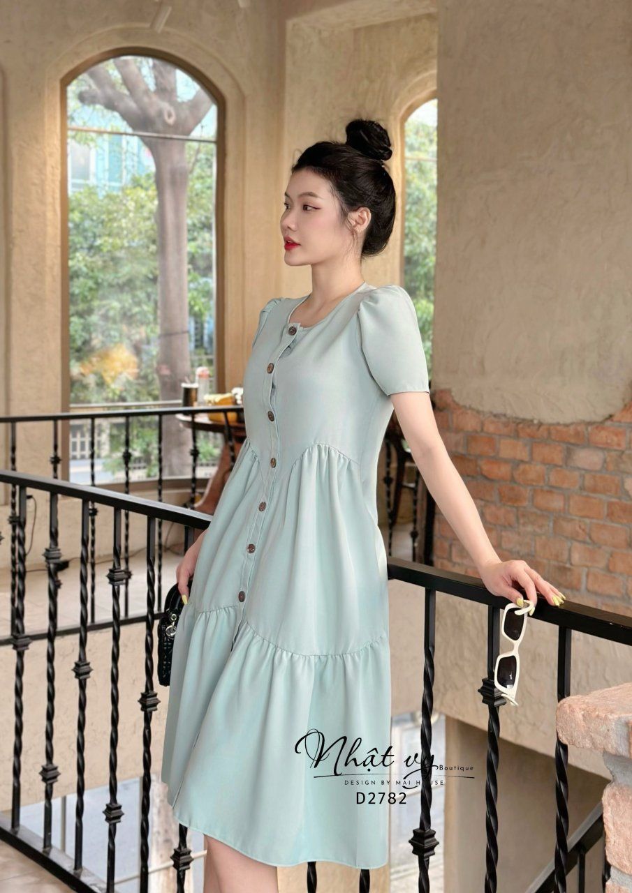 Đầm babydoll nhún cách điệu phối cúc giả - D2782