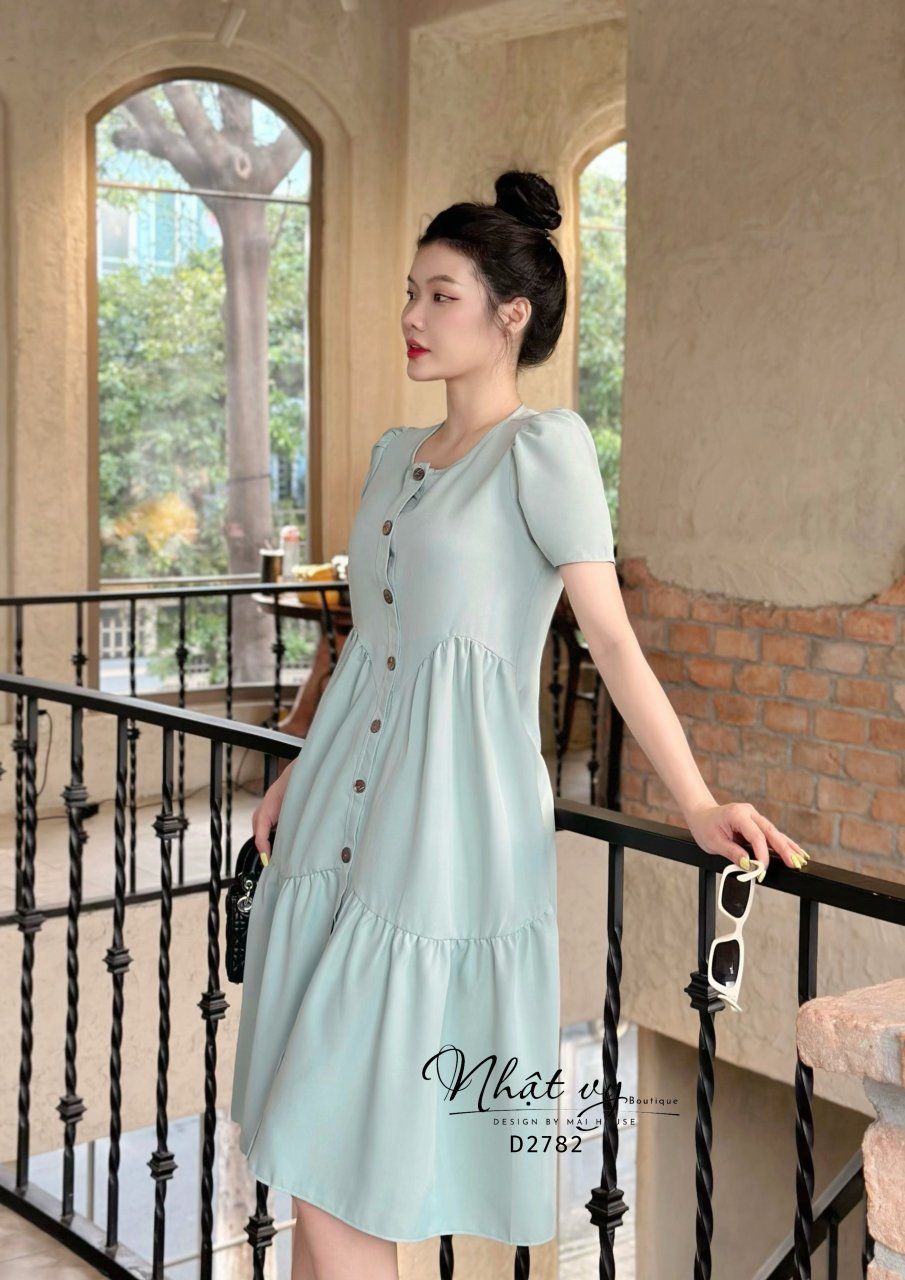  Đầm babydoll nhún cách điệu phối cúc giả - D2782 