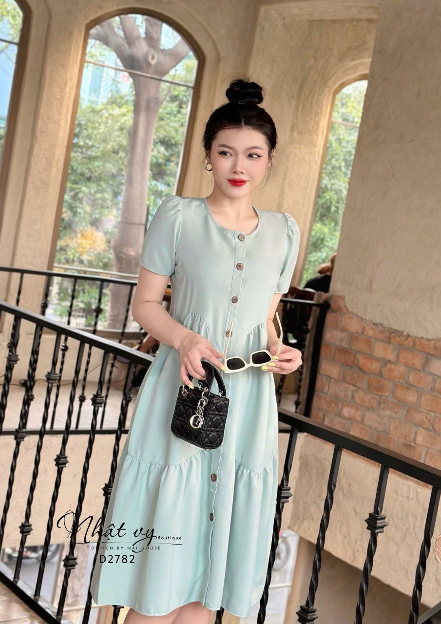 Đầm babydoll nhún cách điệu phối cúc giả - D2782