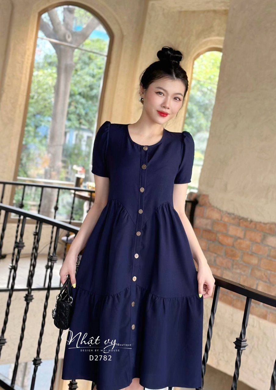 Đầm babydoll nhún cách điệu phối cúc giả - D2782