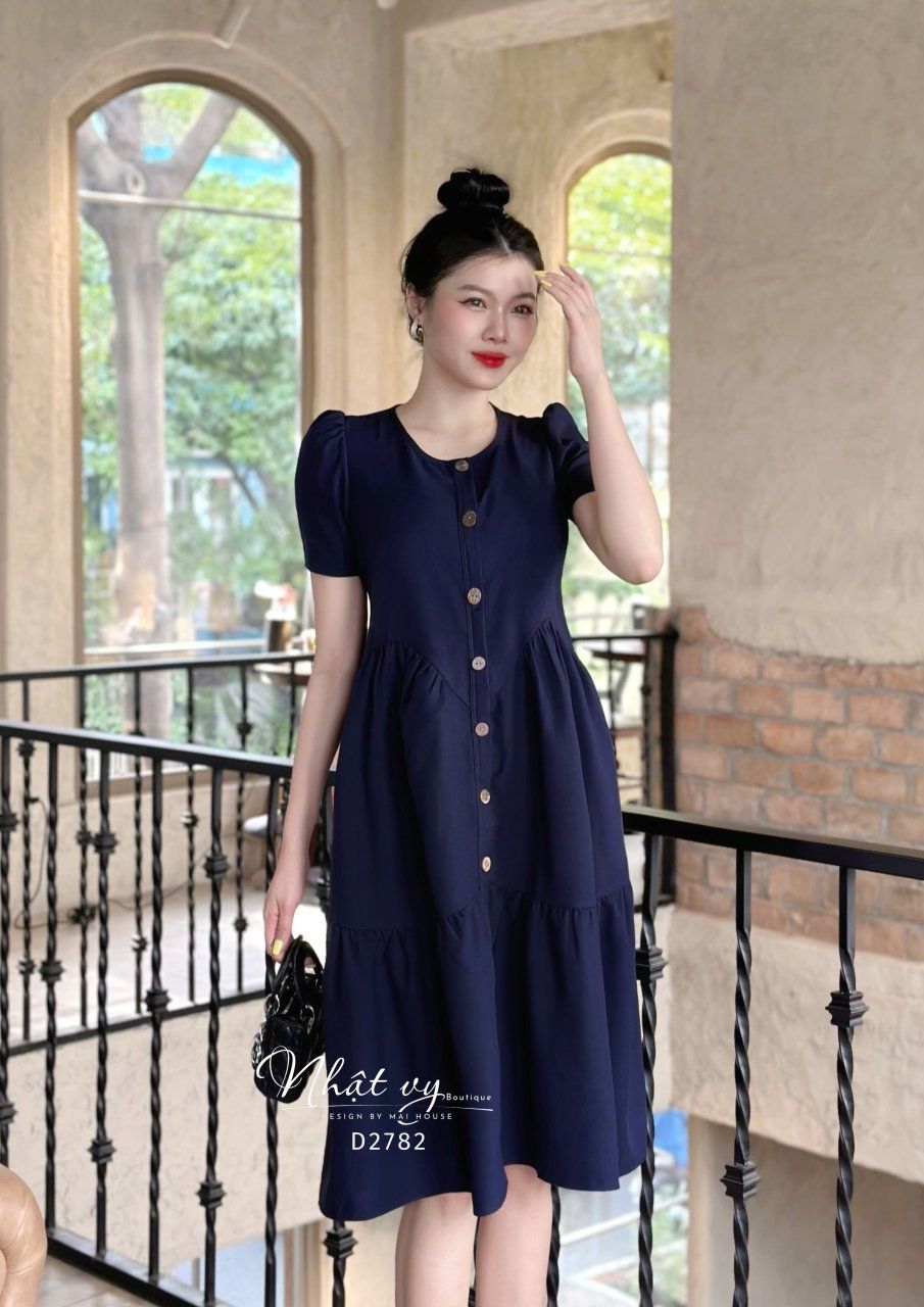 Đầm babydoll nhún cách điệu phối cúc giả - D2782