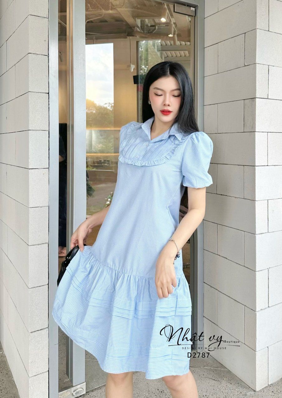 Đầm caro cổ sơ mi phối bèo cổ - D2787