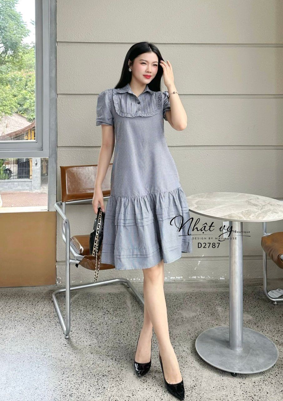 Đầm caro cổ sơ mi phối bèo cổ - D2787