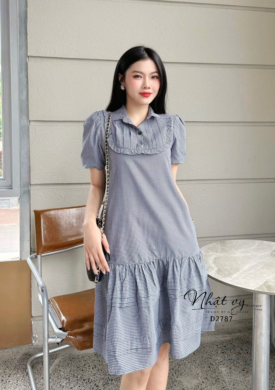 Đầm caro cổ sơ mi phối bèo cổ - D2787