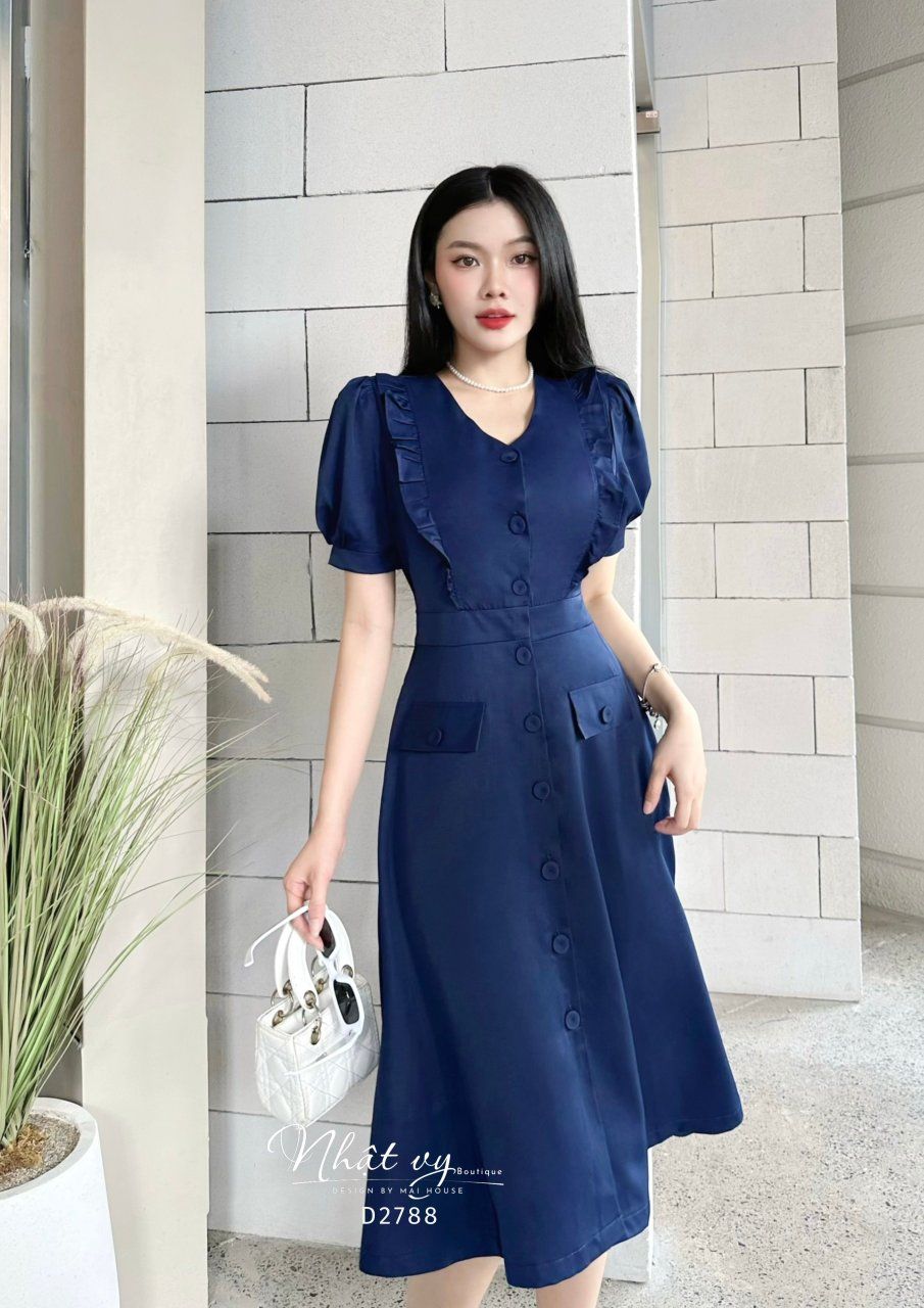 Đầm cổ V viền bèo vai cài cúc thật - D2788