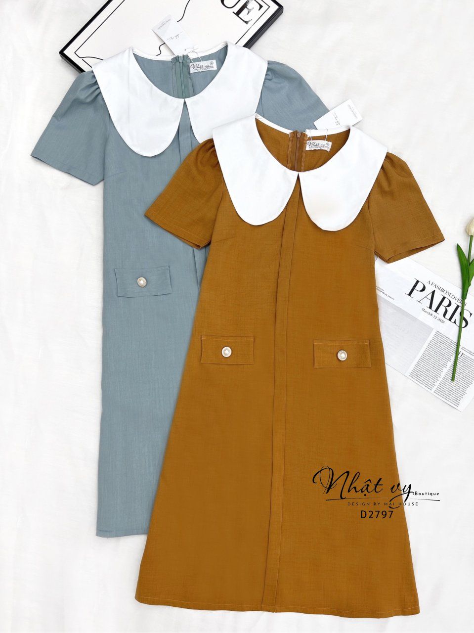 Đầm suông cổ tròn phối bèo cổ - D2797