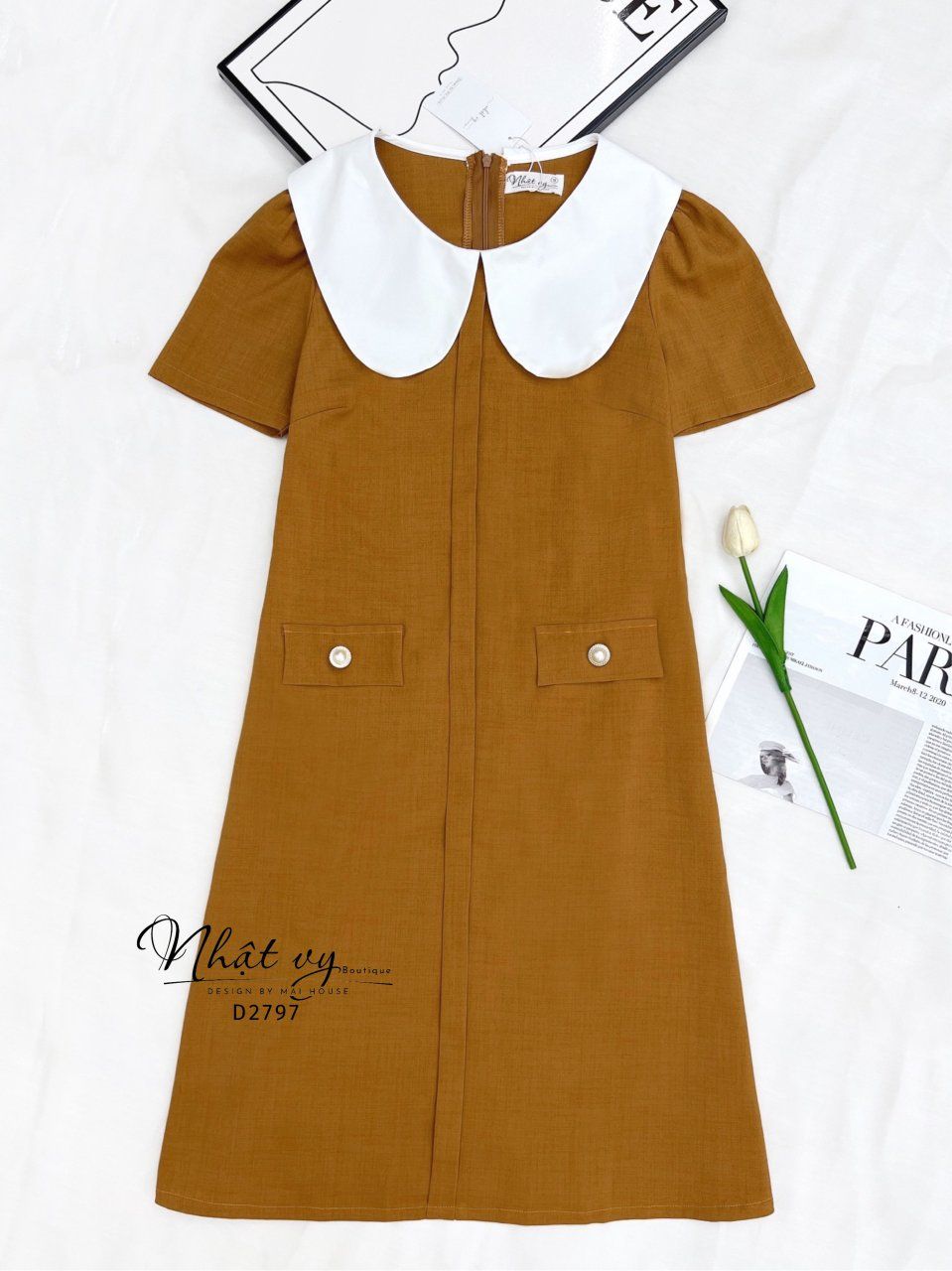 Đầm suông cổ tròn phối bèo cổ - D2797