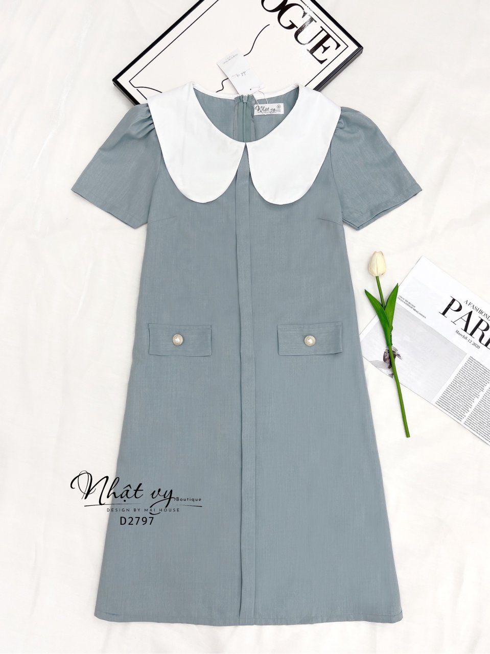 Đầm suông cổ tròn phối bèo cổ - D2797