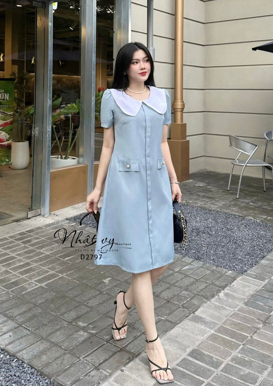 Đầm suông cổ tròn phối bèo cổ - D2797