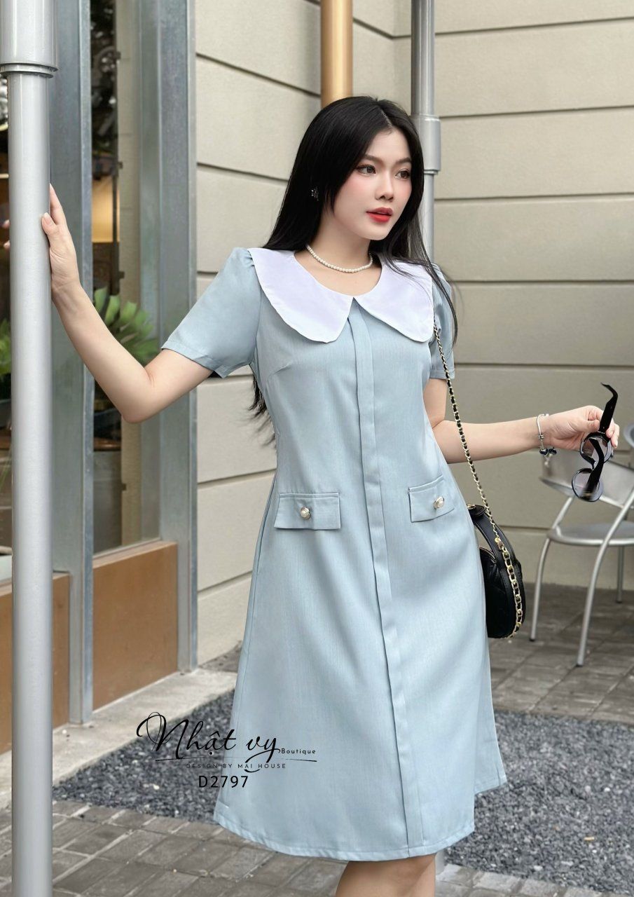 Đầm suông cổ tròn phối bèo cổ - D2797