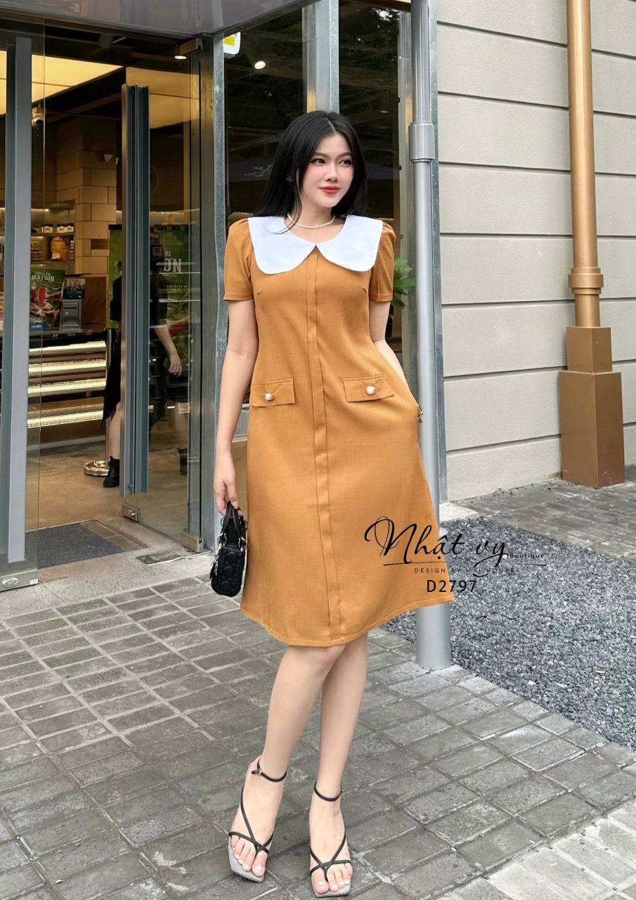 Đầm suông cổ tròn phối bèo cổ - D2797