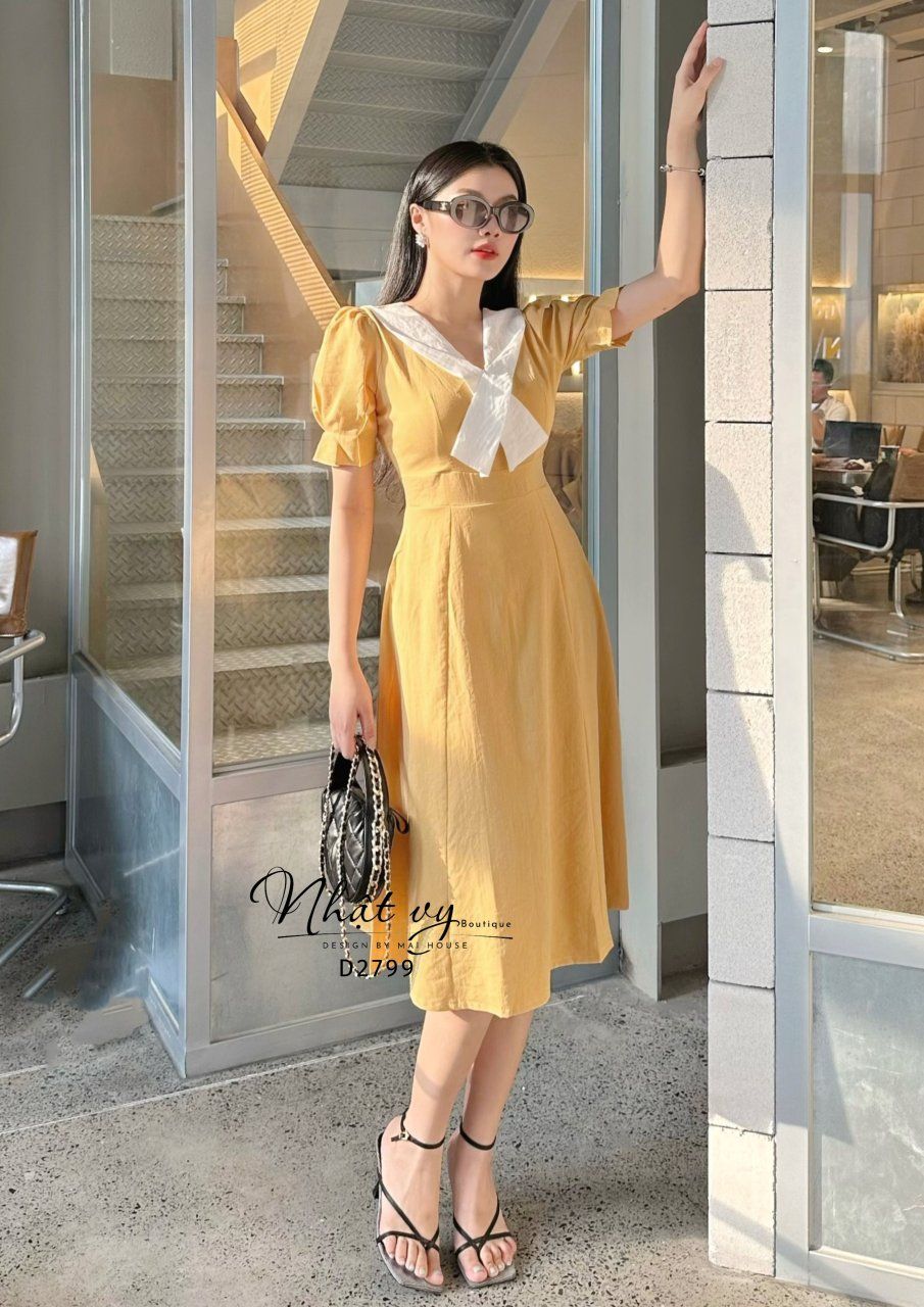 Đầm dáng xoè cổ phối chéo cách điệu tay nhún kiểu - D2799