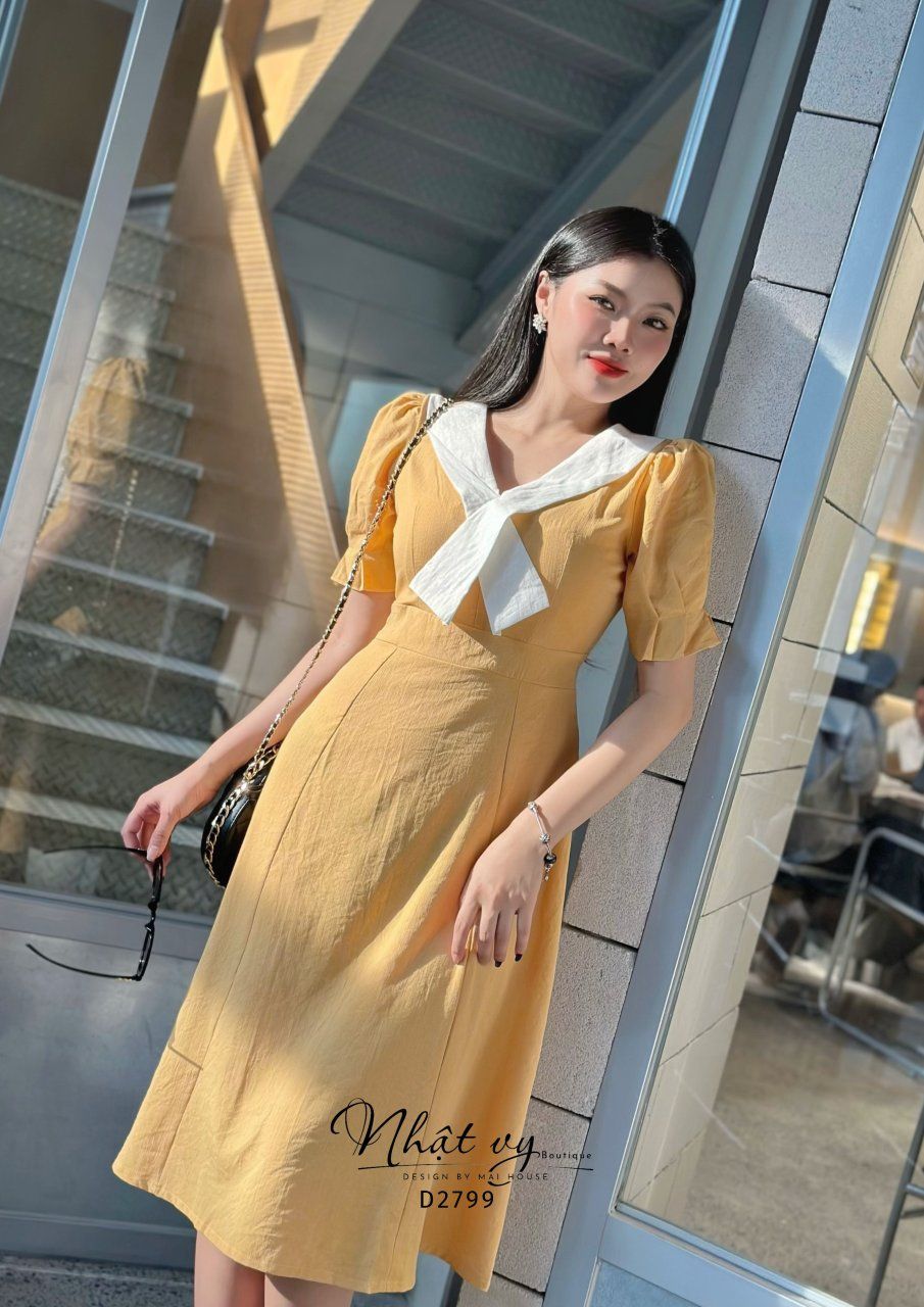 Đầm dáng xoè cổ phối chéo cách điệu tay nhún kiểu - D2799