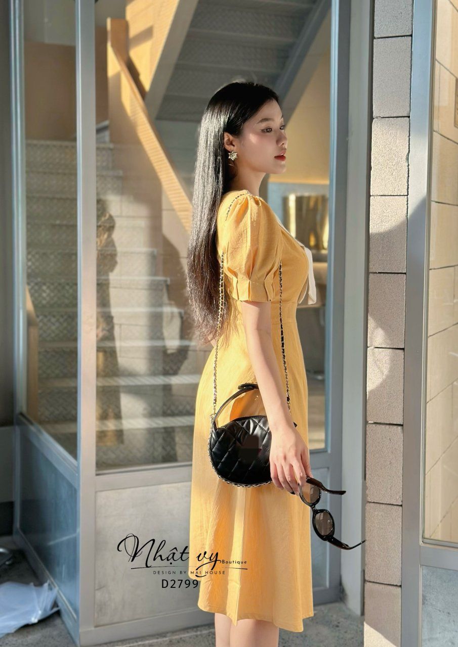 Đầm dáng xoè cổ phối chéo cách điệu tay nhún kiểu - D2799