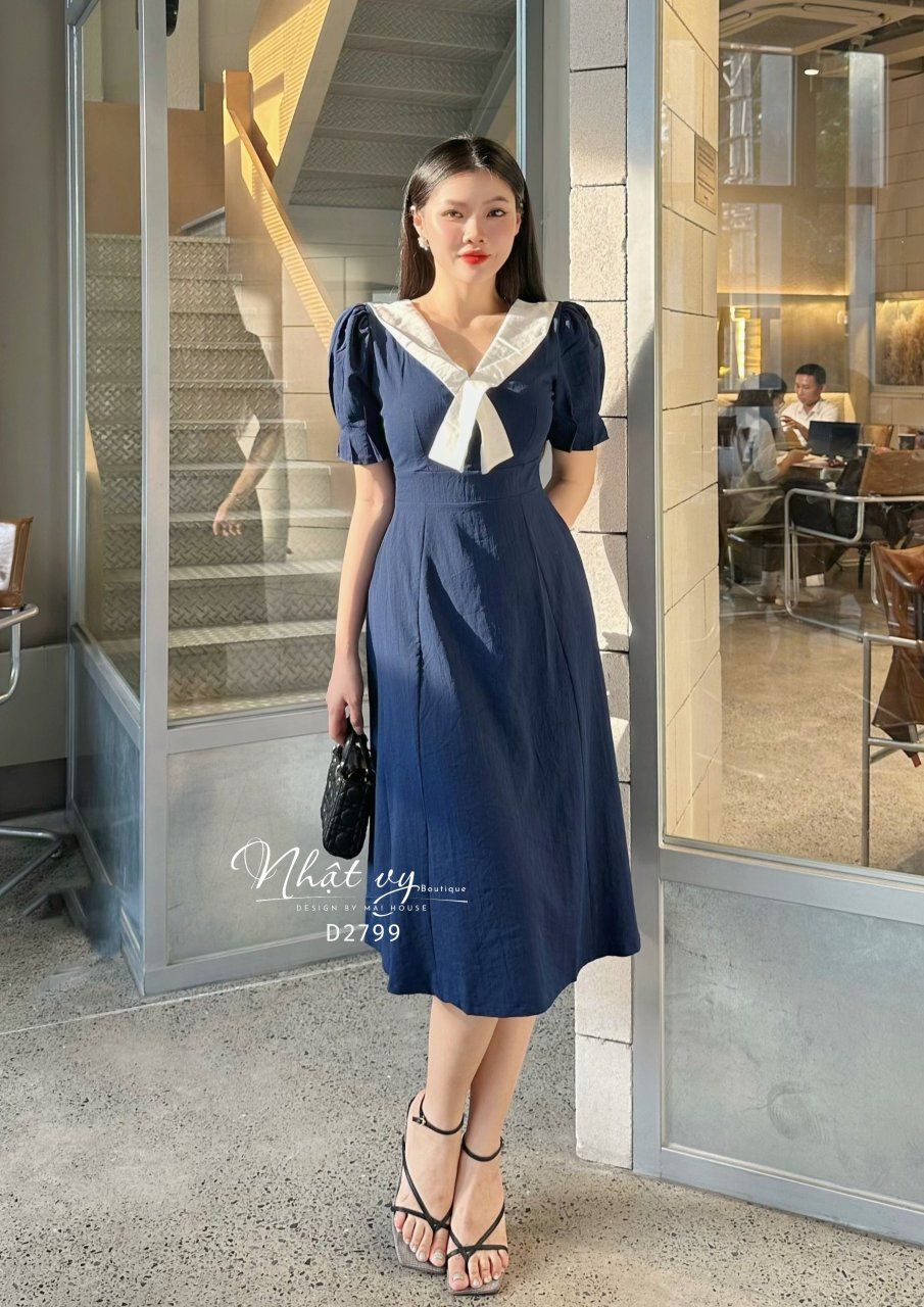 Đầm dáng xoè cổ phối chéo cách điệu tay nhún kiểu - D2799