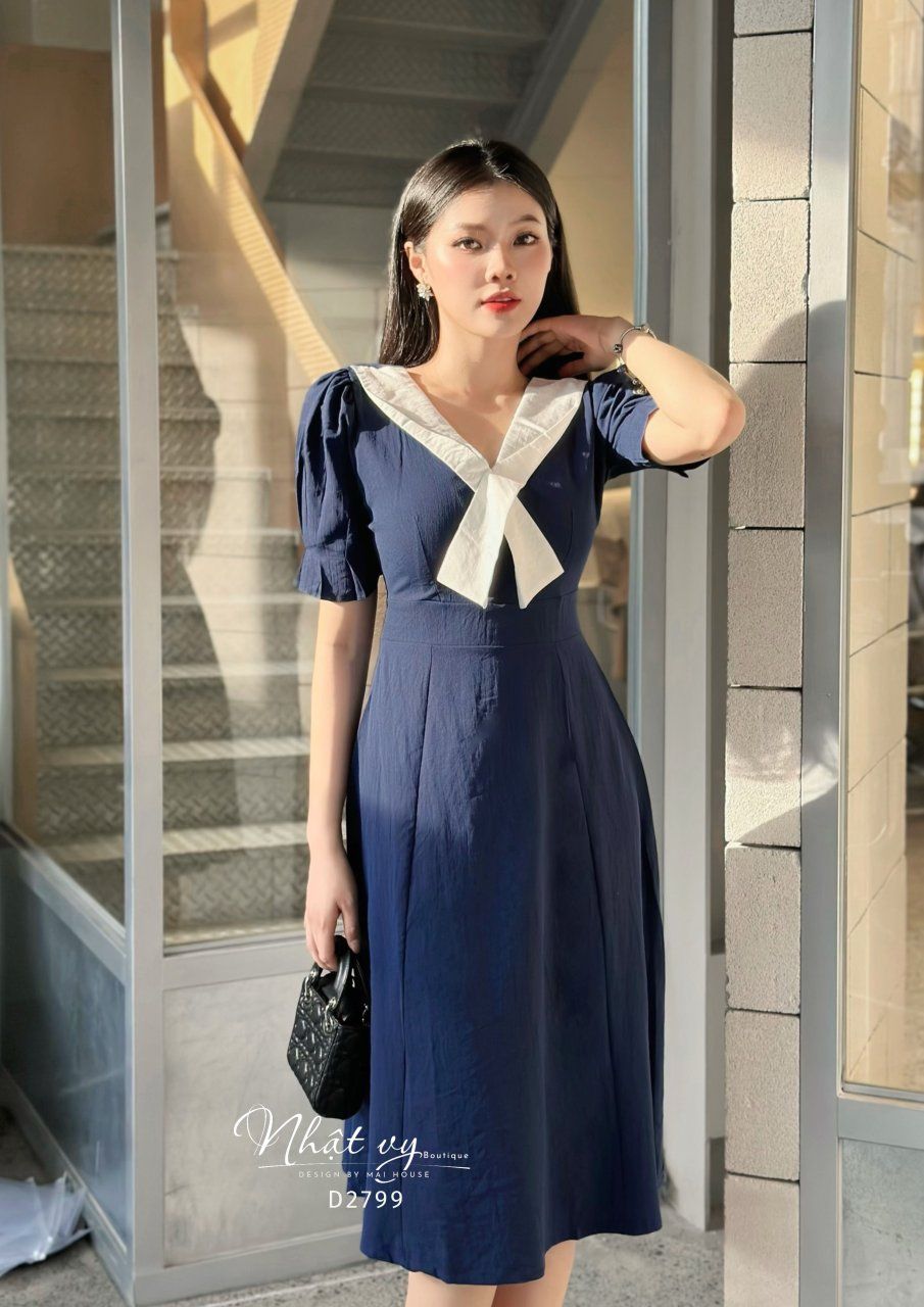 Đầm dáng xoè cổ phối chéo cách điệu tay nhún kiểu - D2799
