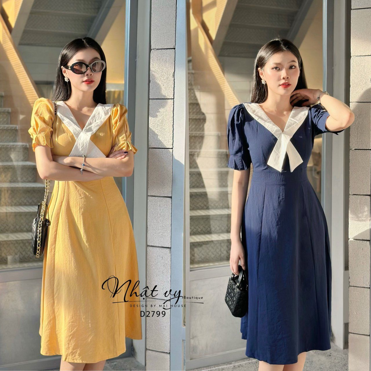 Đầm dáng xoè cổ phối chéo cách điệu tay nhún kiểu - D2799