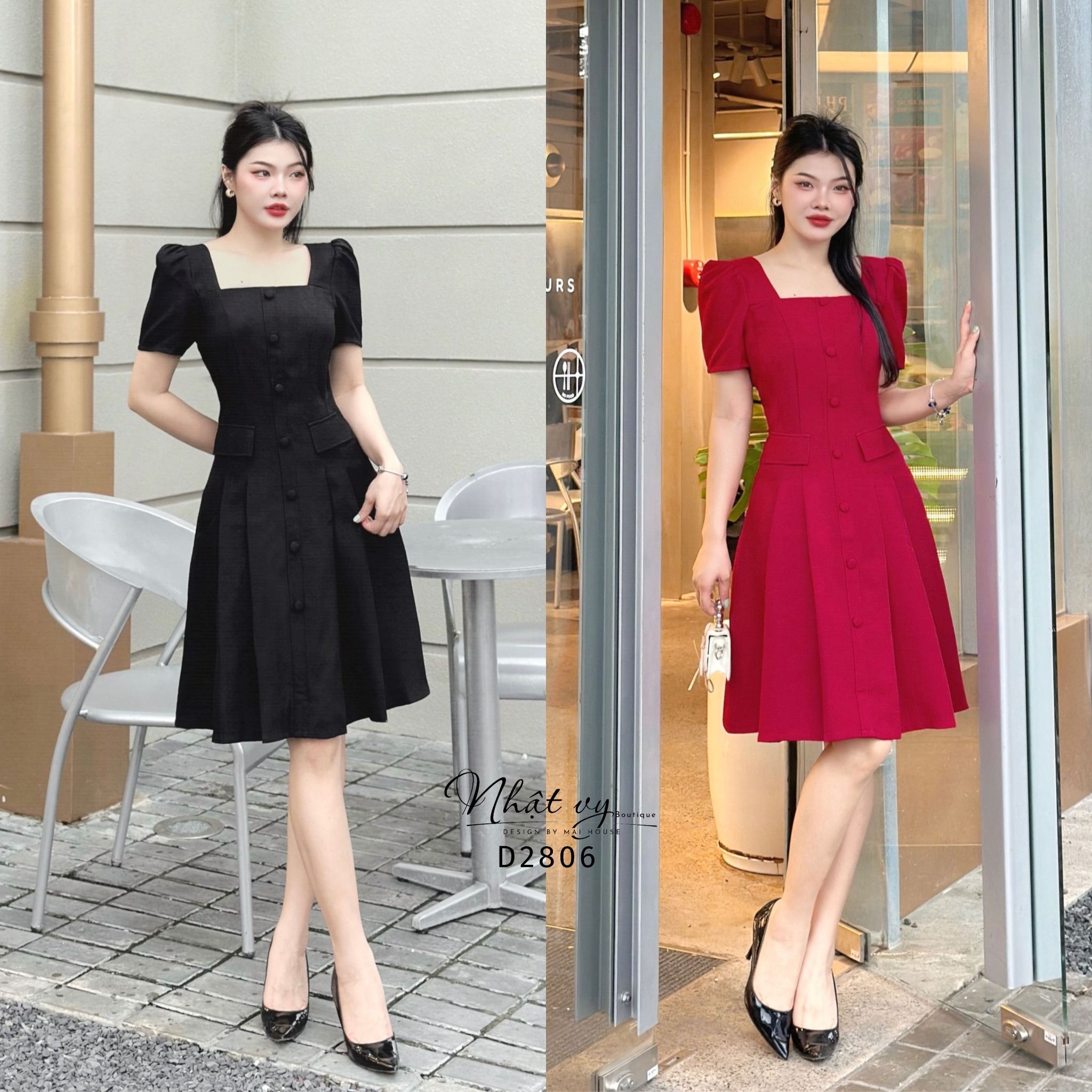 Đầm cổ vuông tay phồng đính cúc bọc - D2806