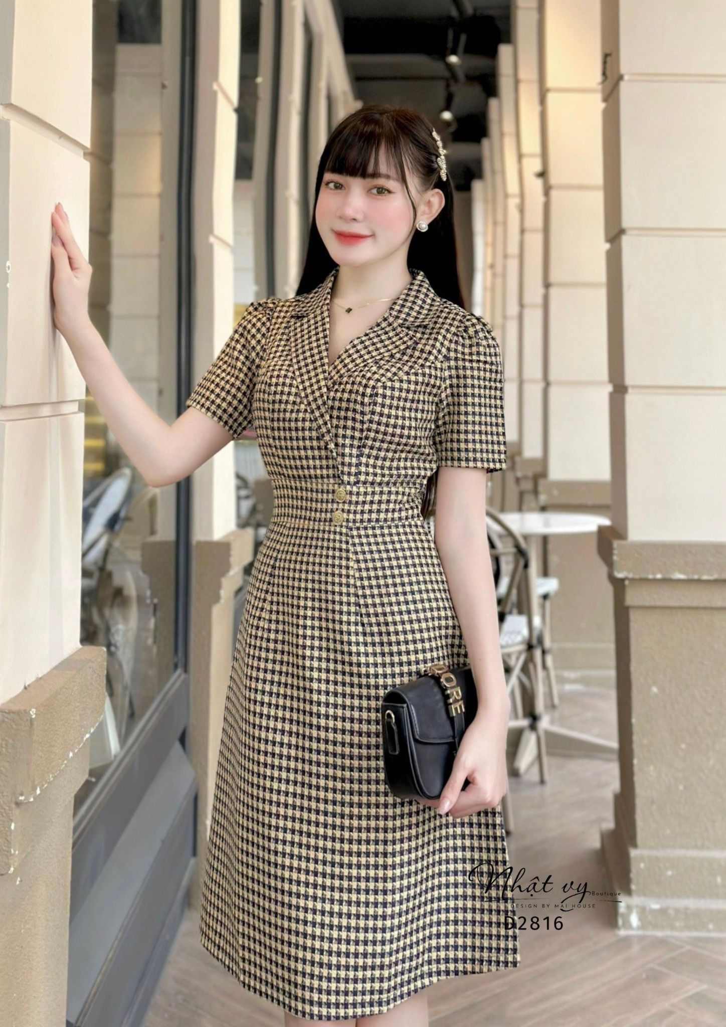 Đầm cổ vest dáng ôm đính cúc giả - D2816