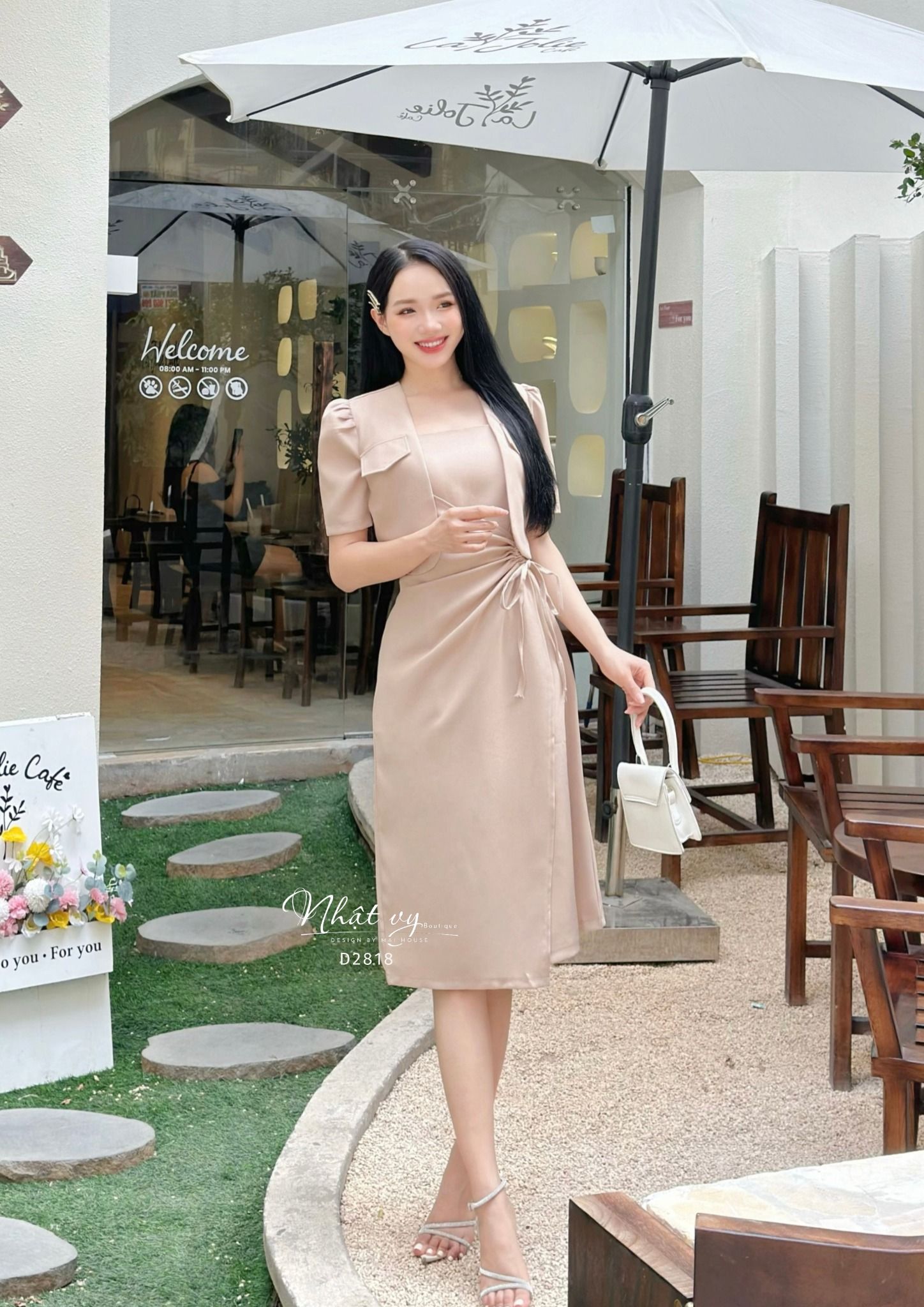 Set đầm nhún eo cách điệu phối áo khoác - D2818