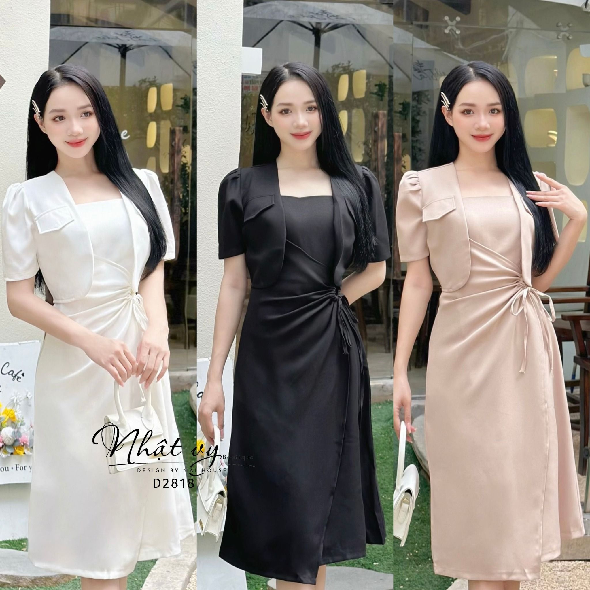 Set đầm nhún eo cách điệu phối áo khoác - D2818