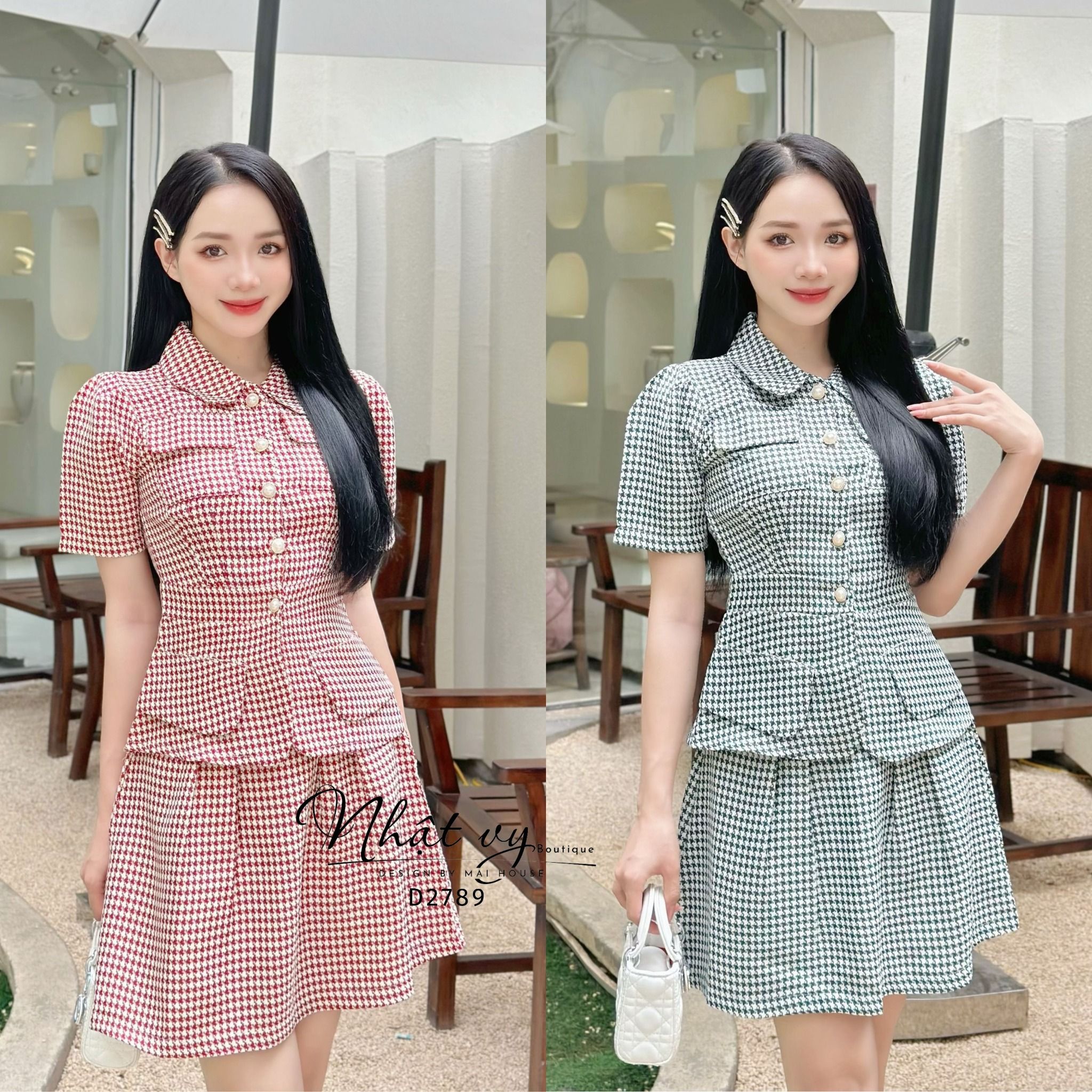 Set áo cổ bèo dáng ôm mix chân váy xoè - D2819